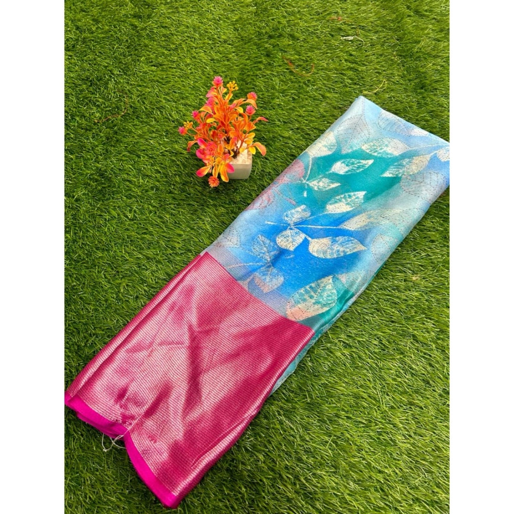 Amfyn Women's Brasso Printed Saree With Unstitched Blouse (Blue, 5-5 Mtrs)