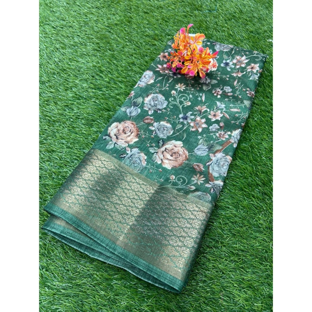 Amfyn Women's Cotton Printed Saree With Unstitched Blouse (Green, 5-5 Mtrs)