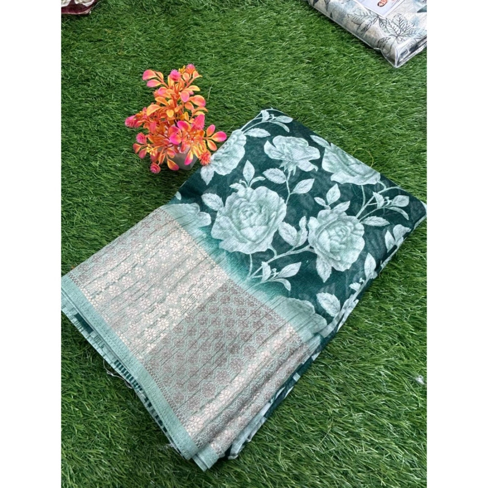 Amfyn Women's Cotton Printed Saree With Unstitched Blouse (Light-Green, 5-5 Mtrs)