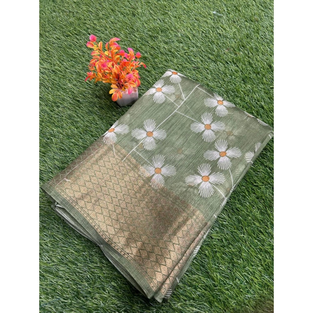 Amfyn Women's Cotton Printed Saree With Unstitched Blouse (Green, 5-5 Mtrs)