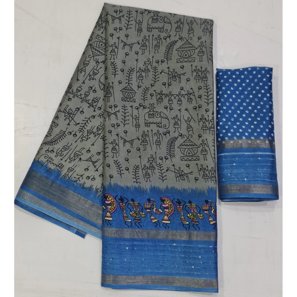 Amfyn Women's Cotton Printed Saree With Unstitched Blouse (Grey, 5-5 Mtrs)