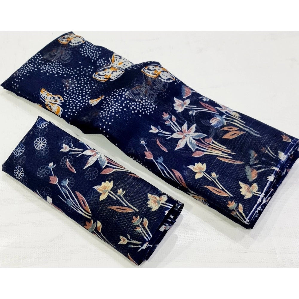 Amfyn Women's Cotton Printed Saree With Unstitched Blouse (Navy-Blue, 5-5 Mtrs)