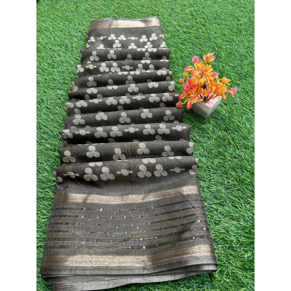 Amfyn Women's Art Silk Printed Saree With Unstitched Blouse (Black, 5-5 Mtrs)