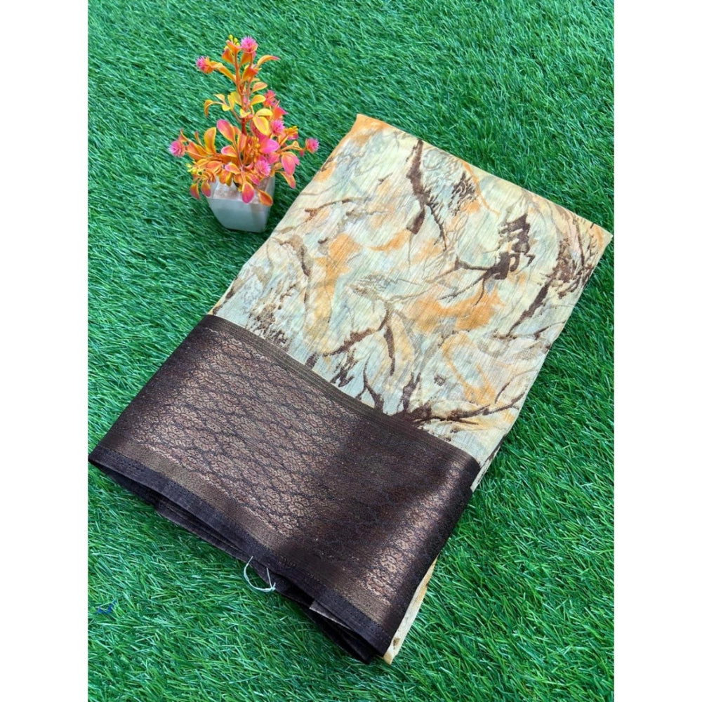 Amfyn Women's Cotton Printed Saree With Unstitched Blouse (Orange, 5-5 Mtrs)