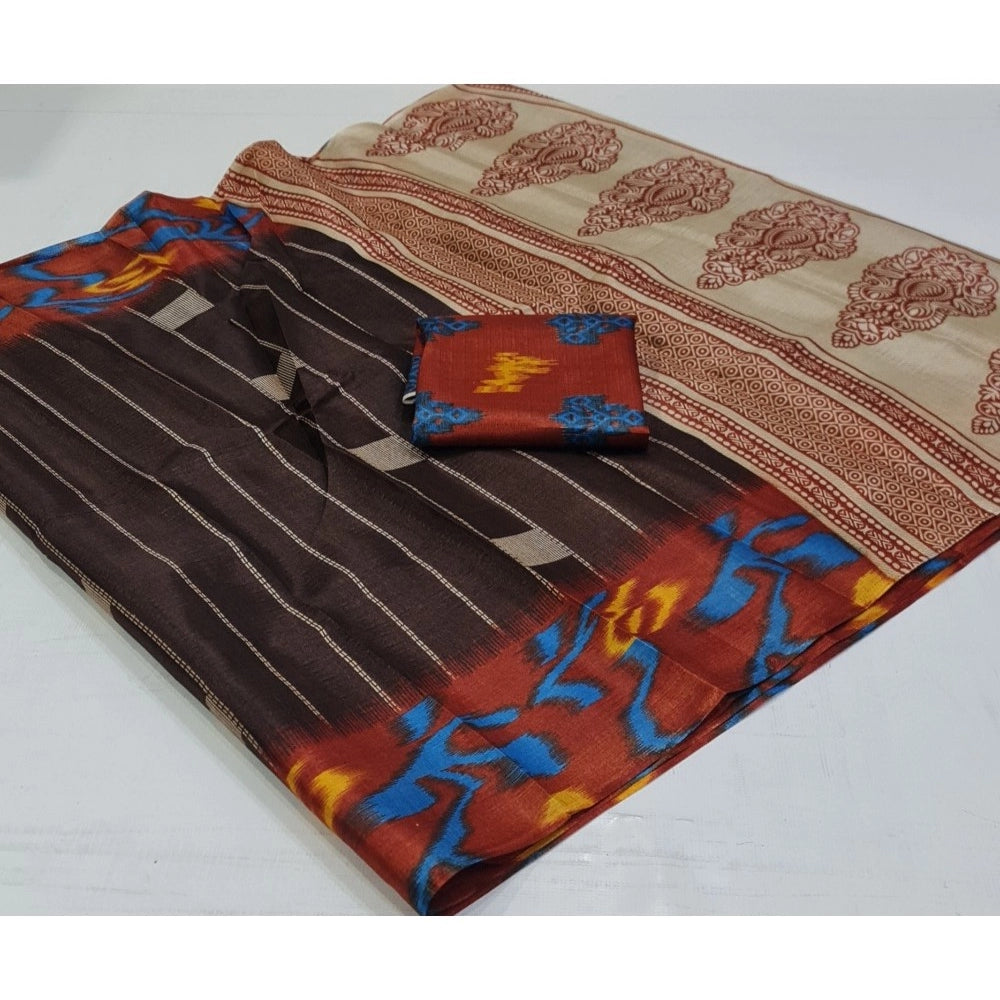 Amfyn Women's Cotton Silk Printed Saree With Unstitched Blouse (Brown, 5-5 Mtrs)
