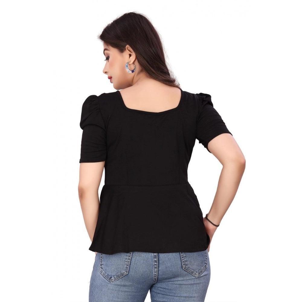 Amfyn Women's Casual Puff Sleeves Lycra Blend Sweetheart Neck Top (Black)