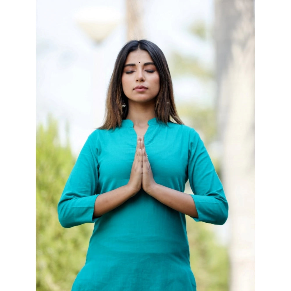 Amfyn Women's Cotton Solid 3/4 Sleeve Mandarin collar Kurti (Green)
