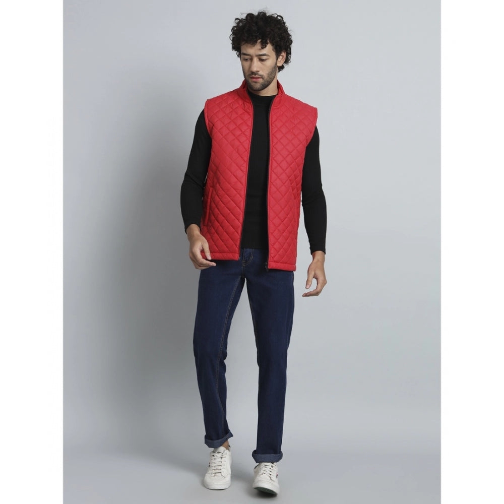 Amfyn Men's Solid Polyester Sleeveless Bomber Jacket (Red)