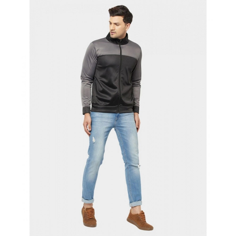 Amfyn Men's Solid Lycra Blend Full Sleeve Casual Jacket (Black-Grey)