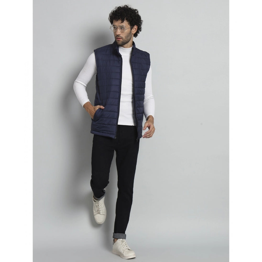 Amfyn Men's Solid Polyester Sleeveless Bomber Jacket (Blue)