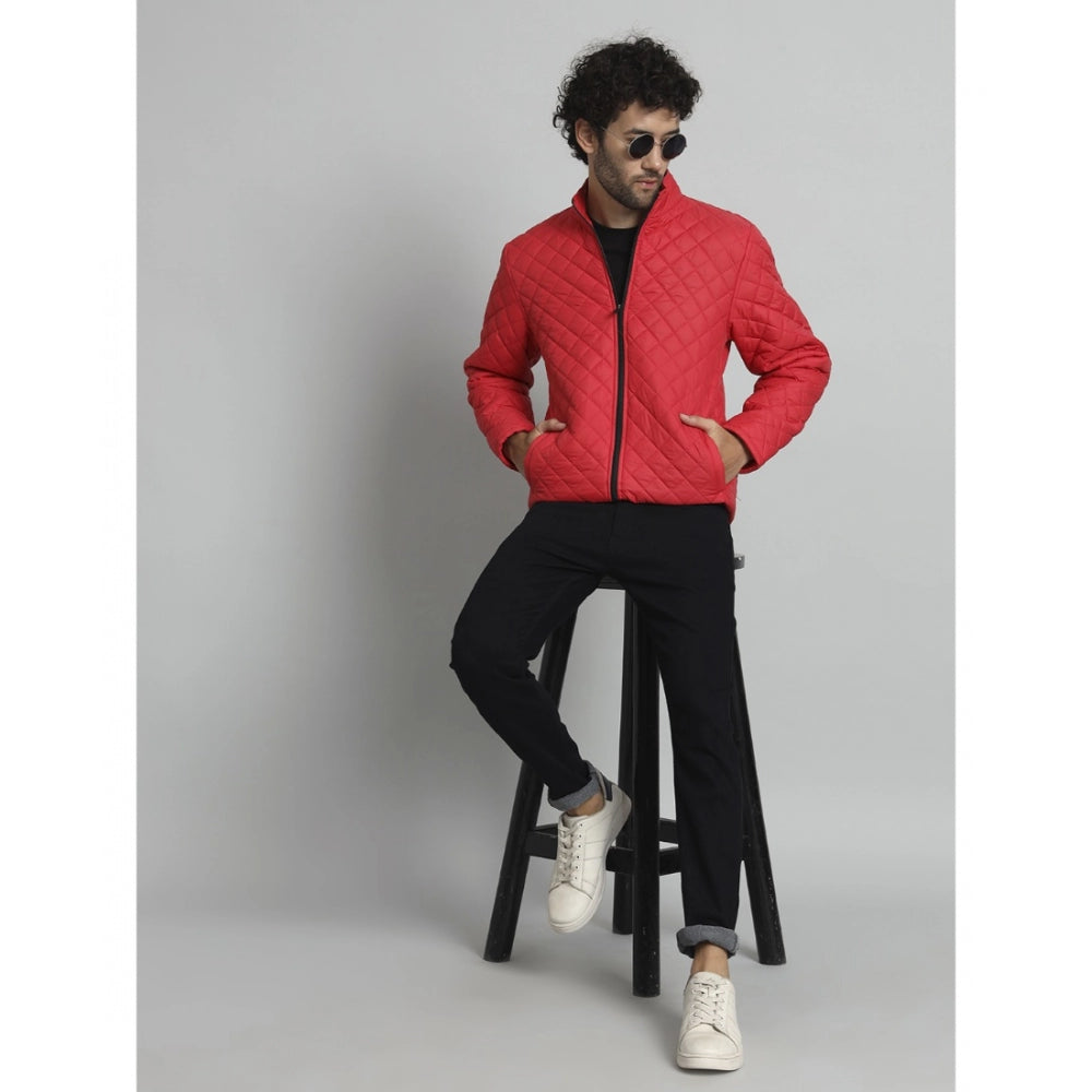 Amfyn Men's Solid Polyester Full Sleeve Bomber Jacket (Red)