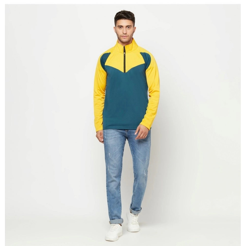 Amfyn Men's Solid Lycra Blend Full Sleeve Casual Jacket (Yellow-Blue)