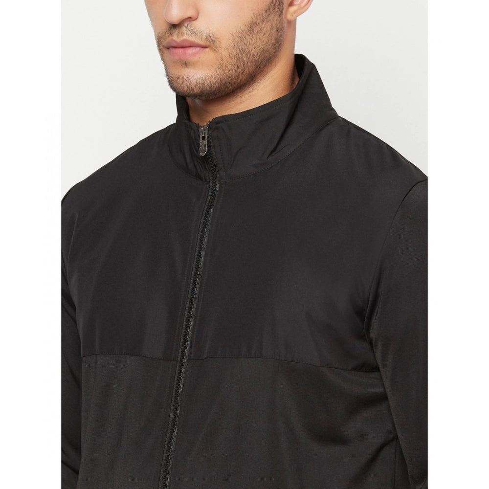 Amfyn Men's Solid Lycra Blend Full Sleeve Casual Jacket (Black)