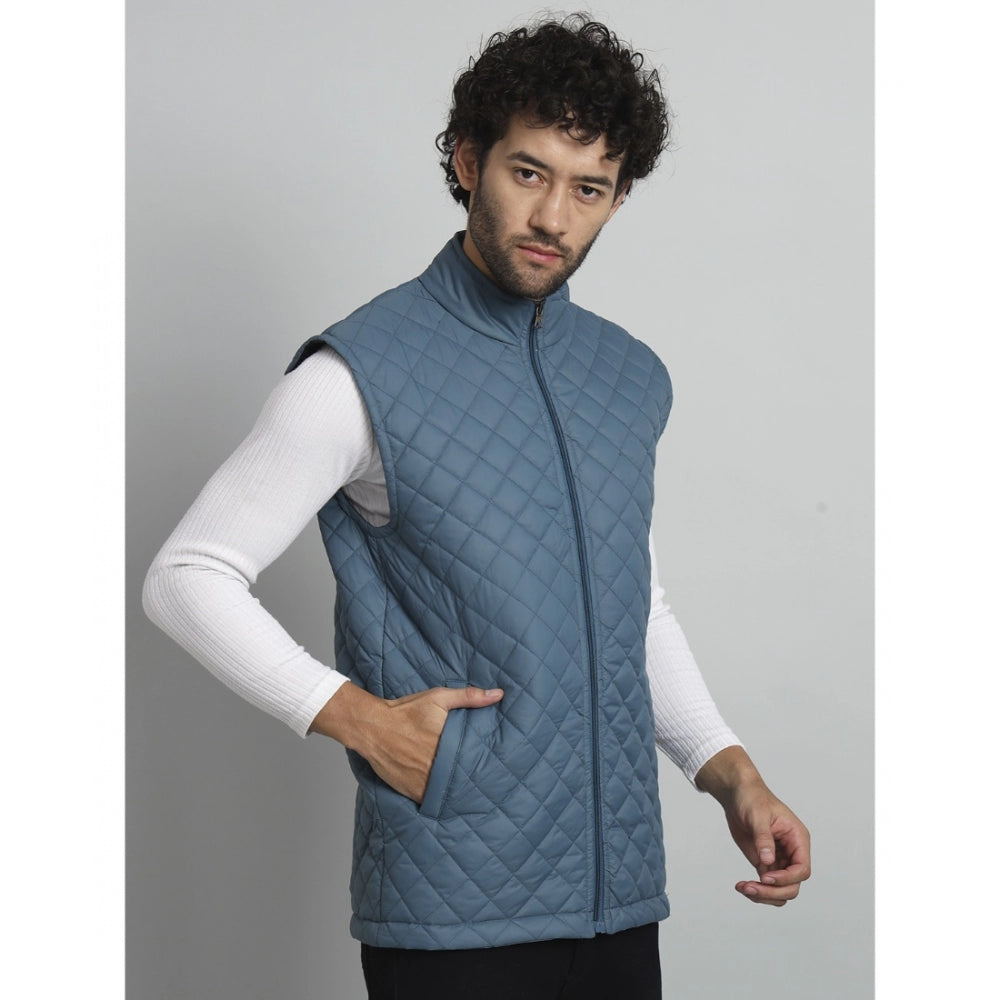 Amfyn Men's Solid Polyester Sleeveless Bomber Jacket (Blue)