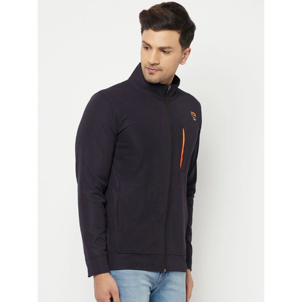 Amfyn Men's Solid Lycra Blend Full Sleeve Casual Jacket (Navy-Blue)