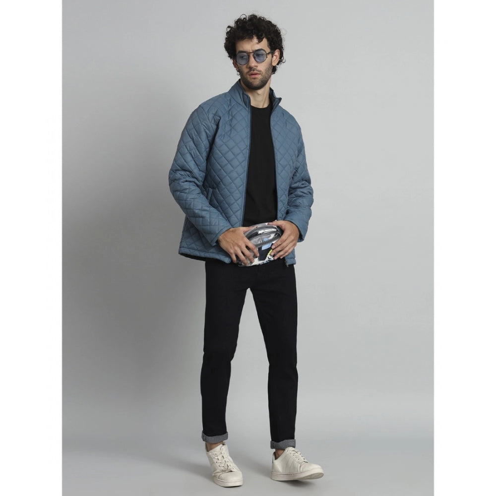 Amfyn Men's Solid Polyester Full Sleeve Bomber Jacket (Blue)