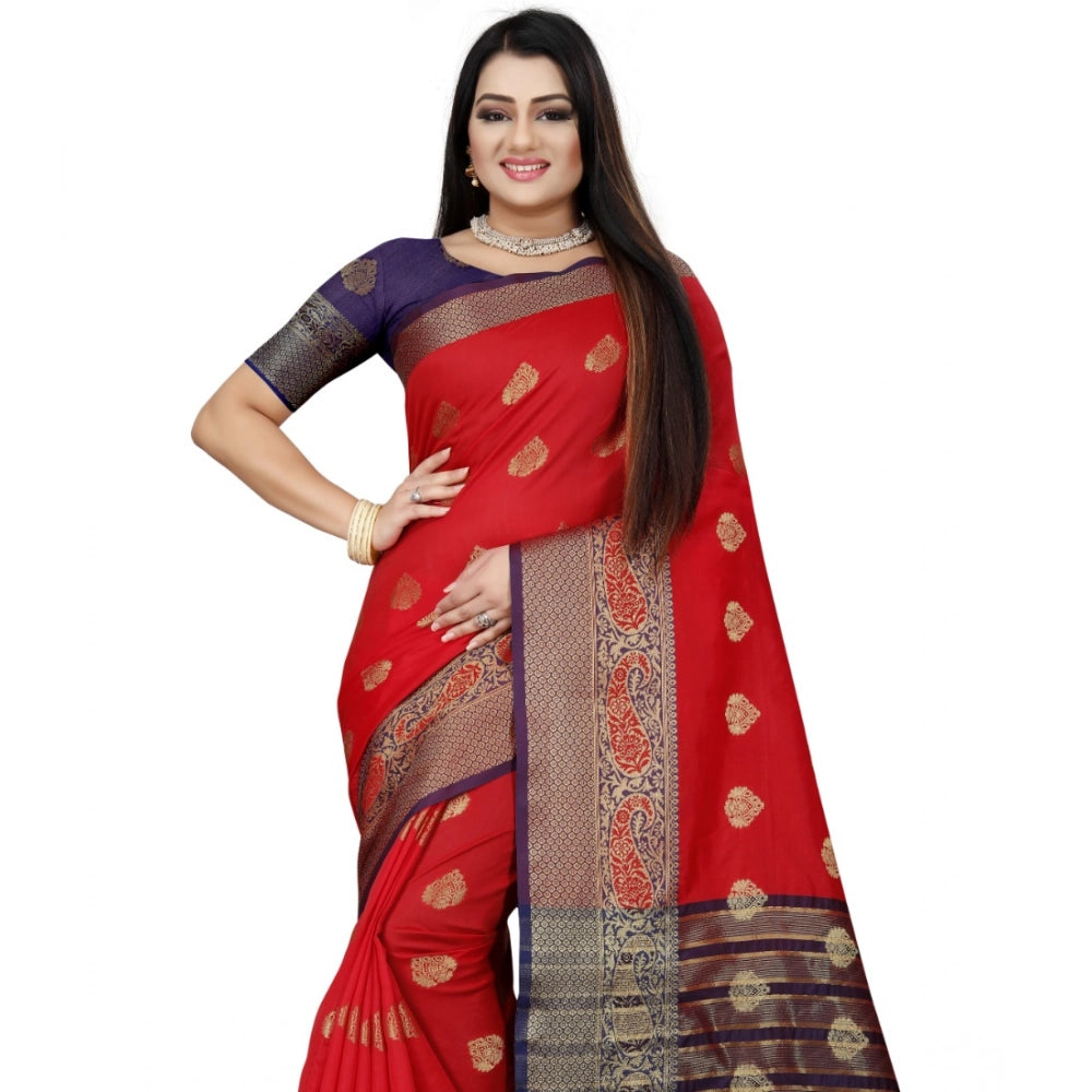 Amfyn Women's Silk Blend Woven Saree With Unstitched Blouse 5.5Mtr (Purple-Red)