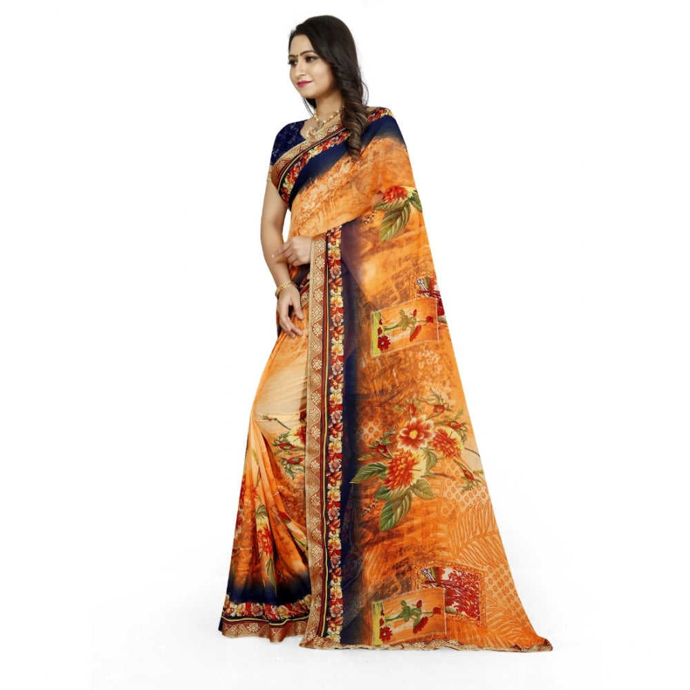 Amfyn Women's Georgette Floral Print Saree With Unstitched Blouse 5.5Mtr (Blue-Orange)