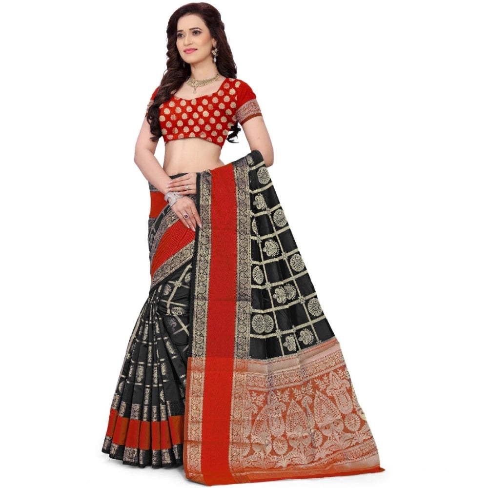 Amfyn Women's Jacquard Woven Saree With Unstitched Blouse 5.5Mtr (Red-Black)