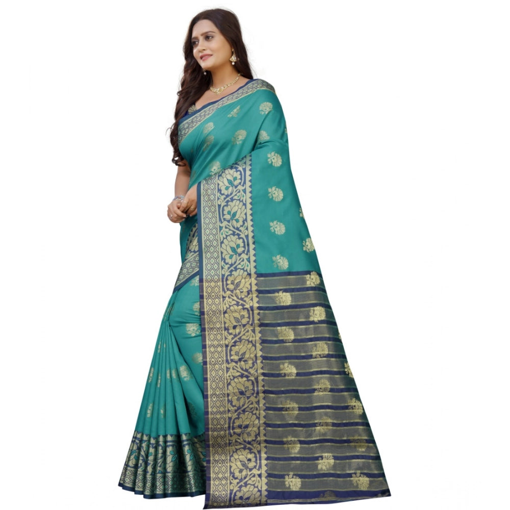 Amfyn Women's Silk Blend Woven Saree With Unstitched Blouse 5.5Mtr (Dark Blue-Green)