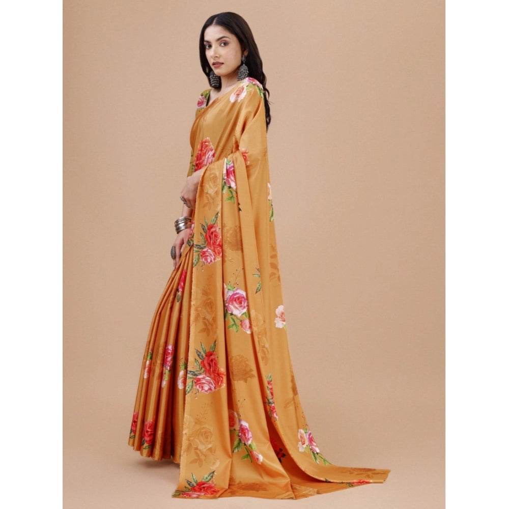 Amfyn Women's Crepe Digital Print Saree With Unstitched Blouse 5.5Mtr (Mustard)