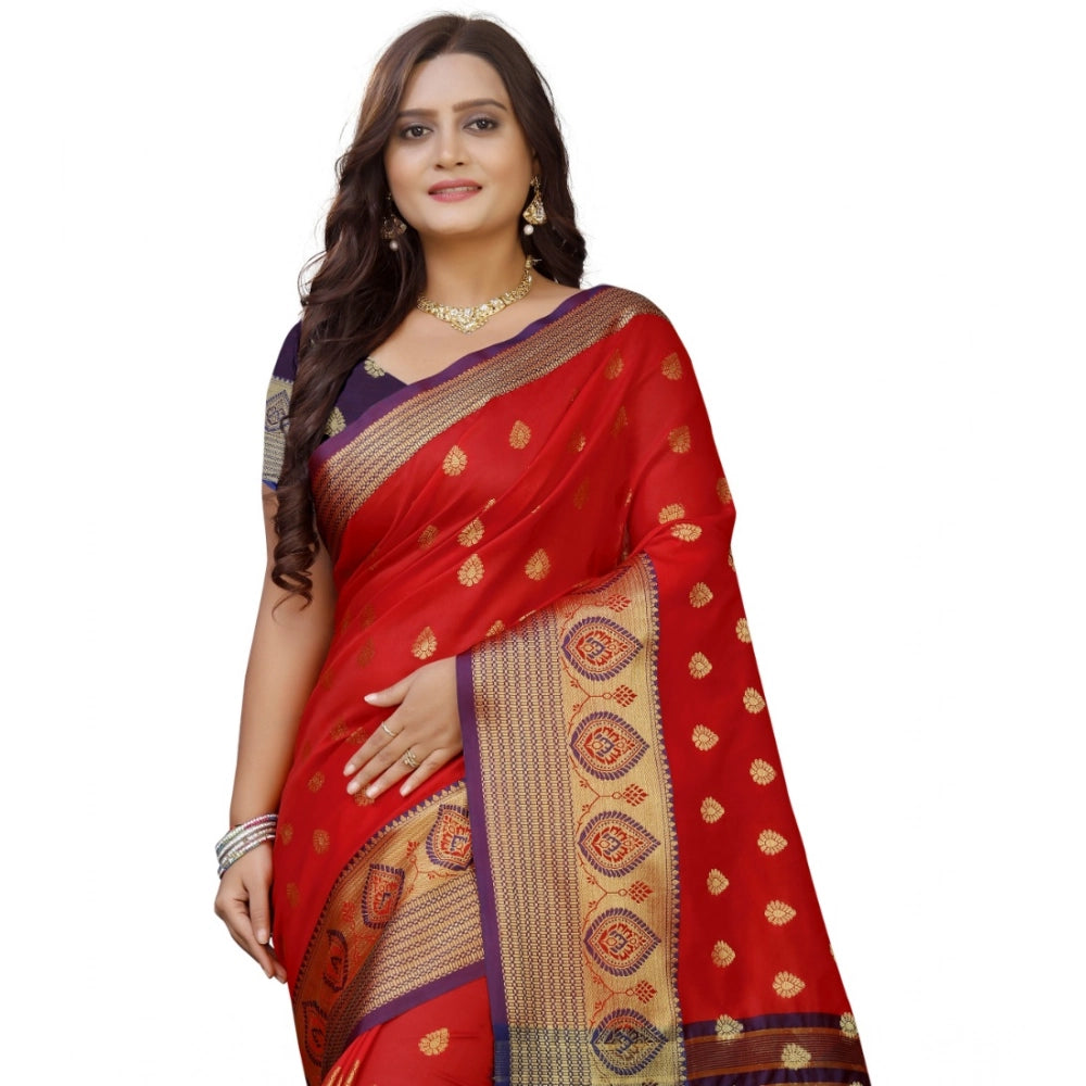 Amfyn Women's Silk Blend Woven Saree With Unstitched Blouse 5.5Mtr (Purple-Red)