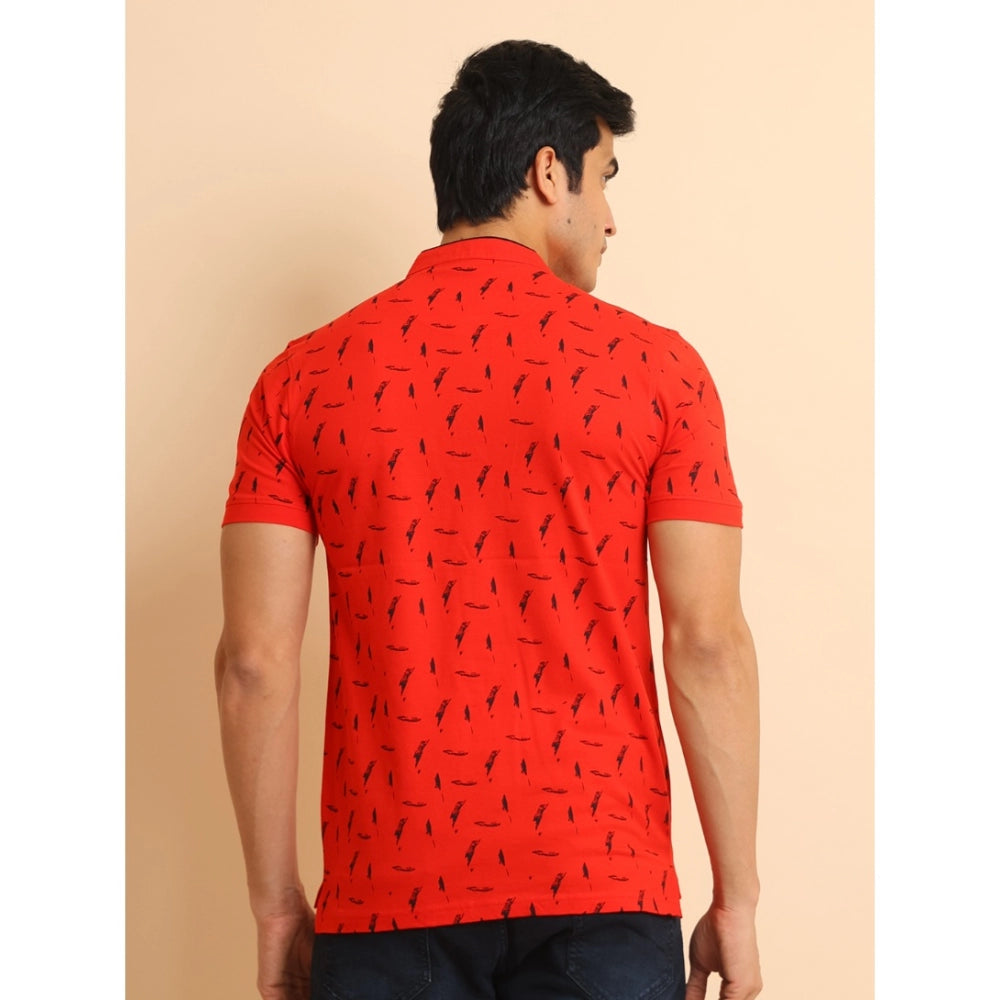 Amfyn Men's Casual Cotton Printed Mandarin Collar Half Sleeve T-Shirt (Red)