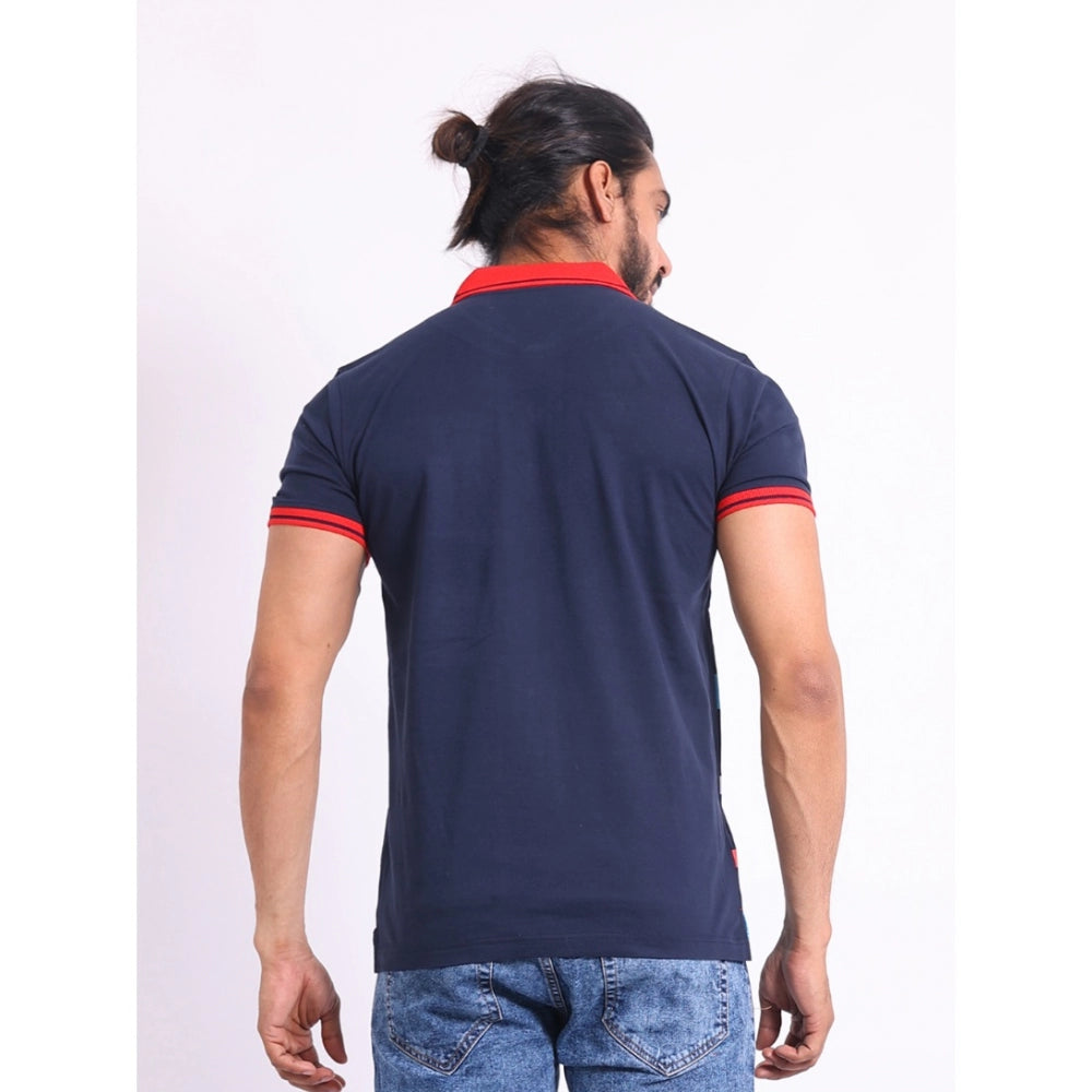 Amfyn Men's Casual Cotton Printed Polo Neck Half Sleeve T-Shirt (Navy)