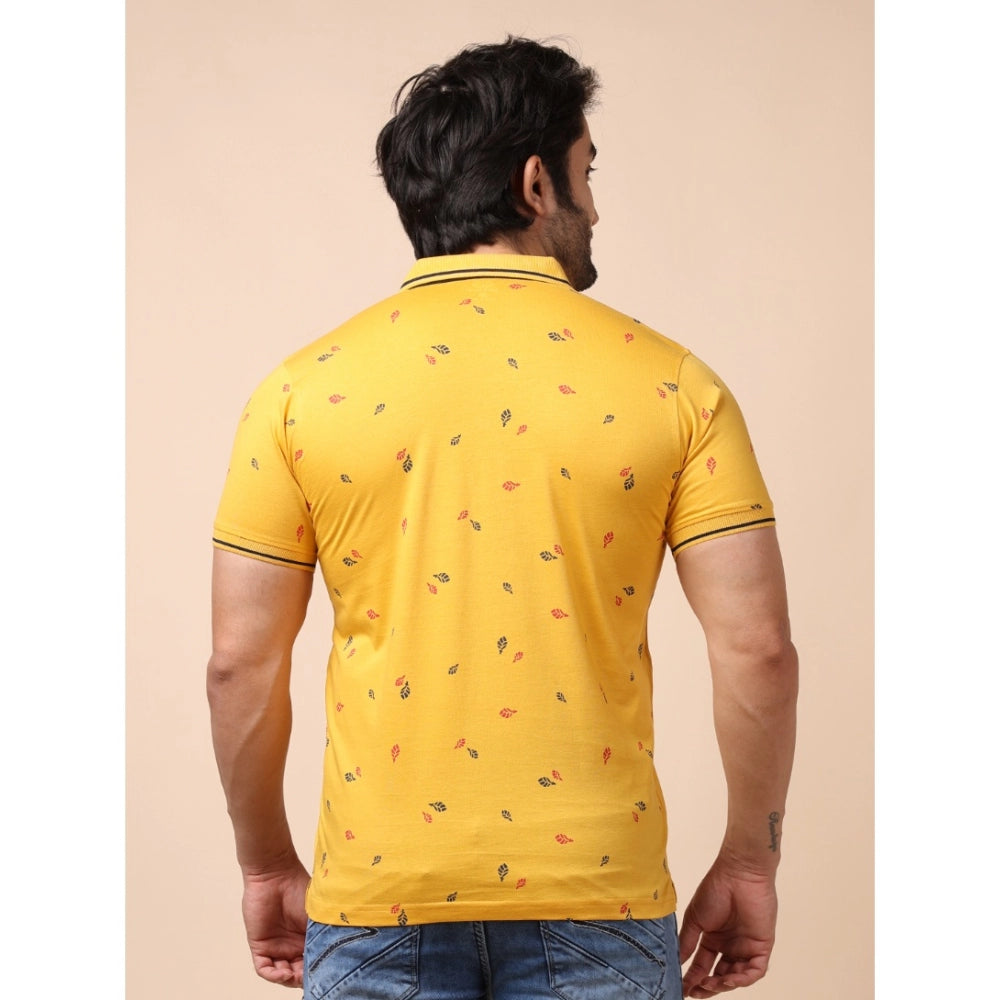 Amfyn Men's Casual Cotton Printed Polo Neck Half Sleeve T-Shirt (Mustard)