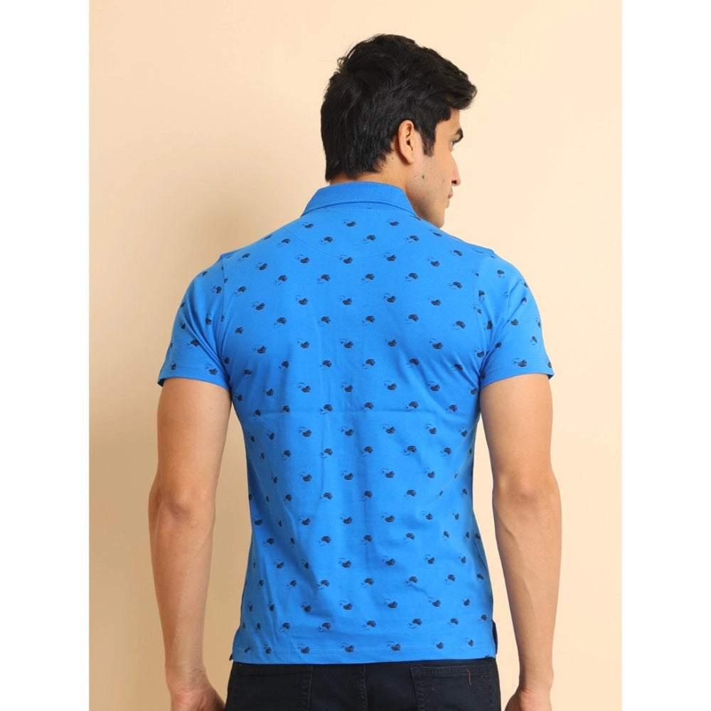 Amfyn Men's Casual Cotton Printed Polo Neck Half Sleeve T-Shirt (Blue)