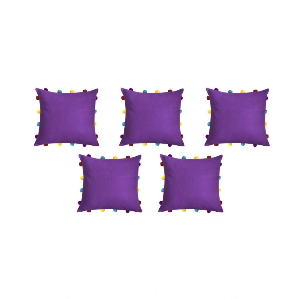Amfyn Cotton Solid Pom Pom Cushion Covers (Dark Purple, Size: 14x14 In)