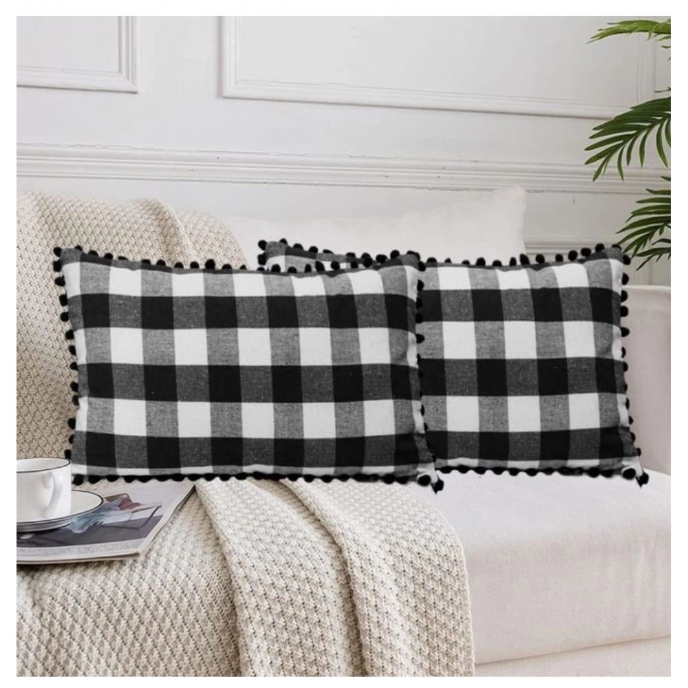 Amfyn Pack Of_2 Cotton Checkered Cushion Cover With Pom Pom (Black, Size: 12x20 In)