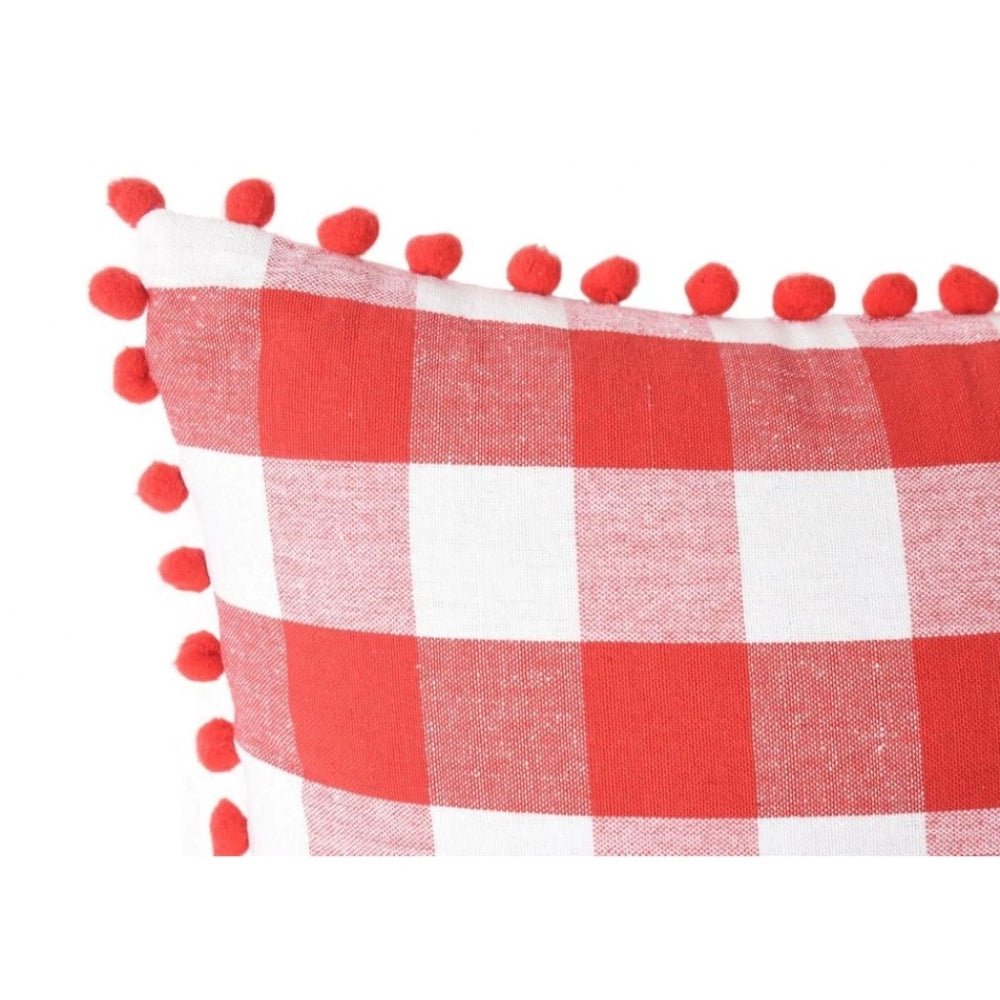 Amfyn Pack Of_2 Cotton Checkered Cushion Cover With Pom Pom (Red, Size: 12x20 In)