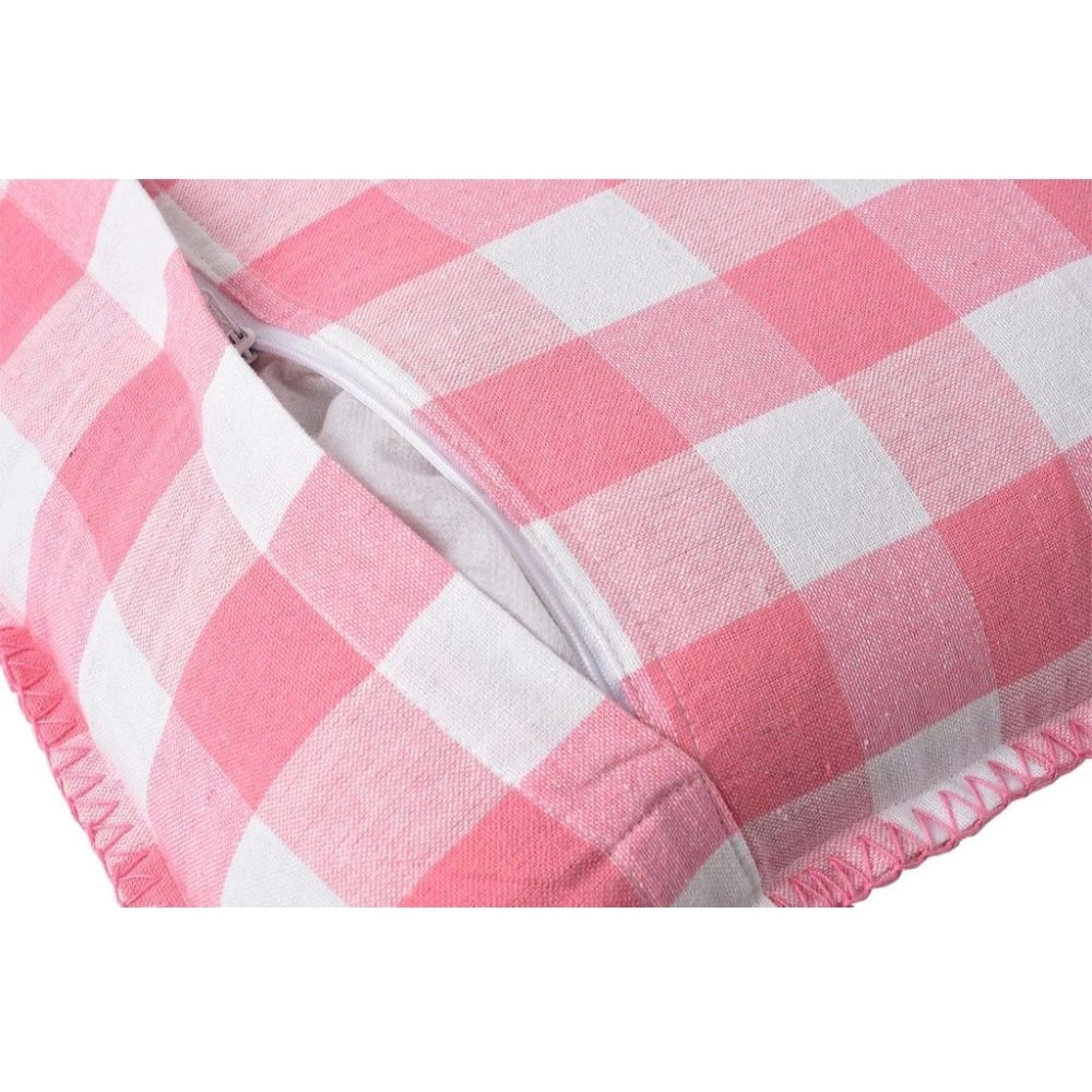 Amfyn Pack Of_2 Cotton Checkered Cushion Cover With Blanket Stitch (Baby Pink, Size: 12x20 In)