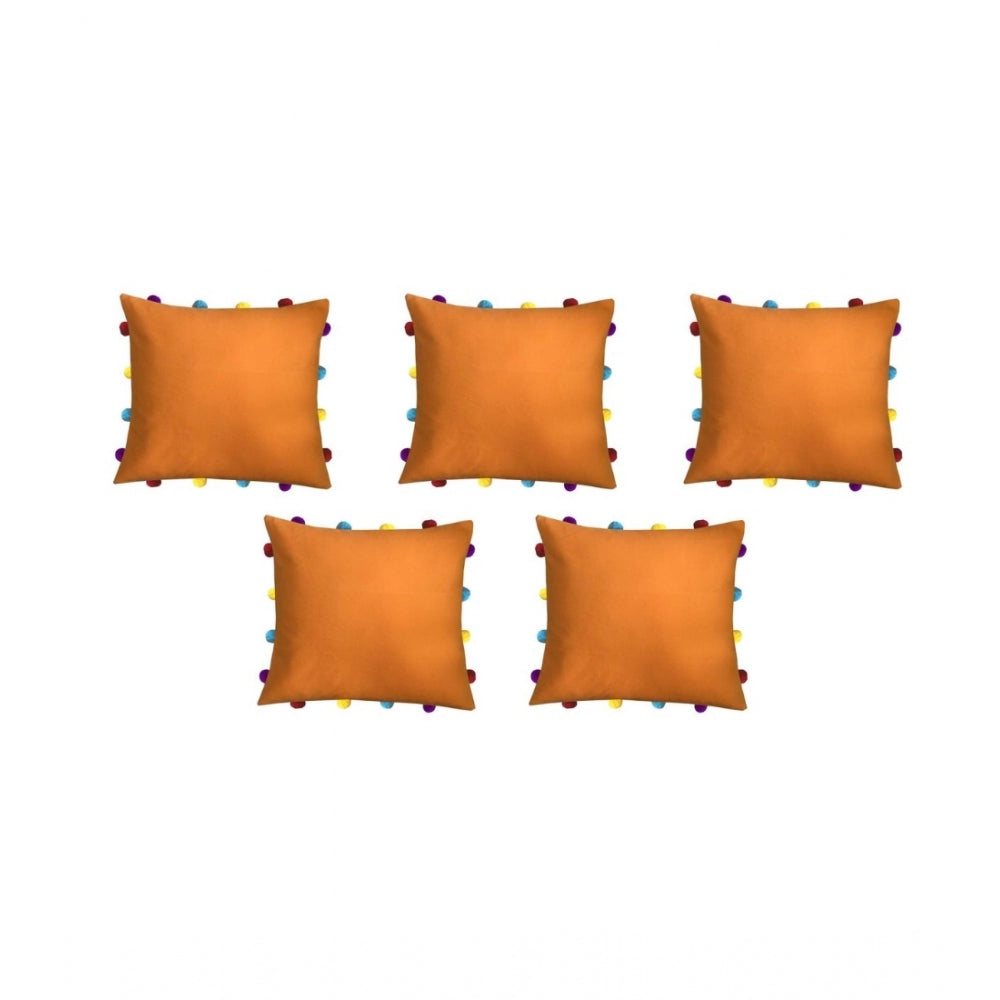 Amfyn Cotton Solid Pom Pom Cushion Covers (Orange, Size: 14x14 In)