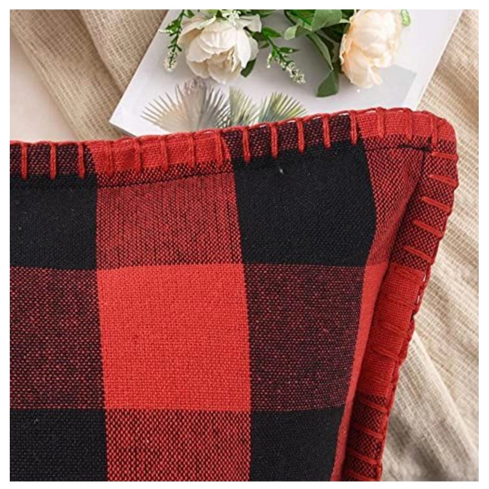 Amfyn Pack Of_2 Cotton Checkered Cushion Cover With Blanket Stitch (Red & Black, Size: 24x24 In)