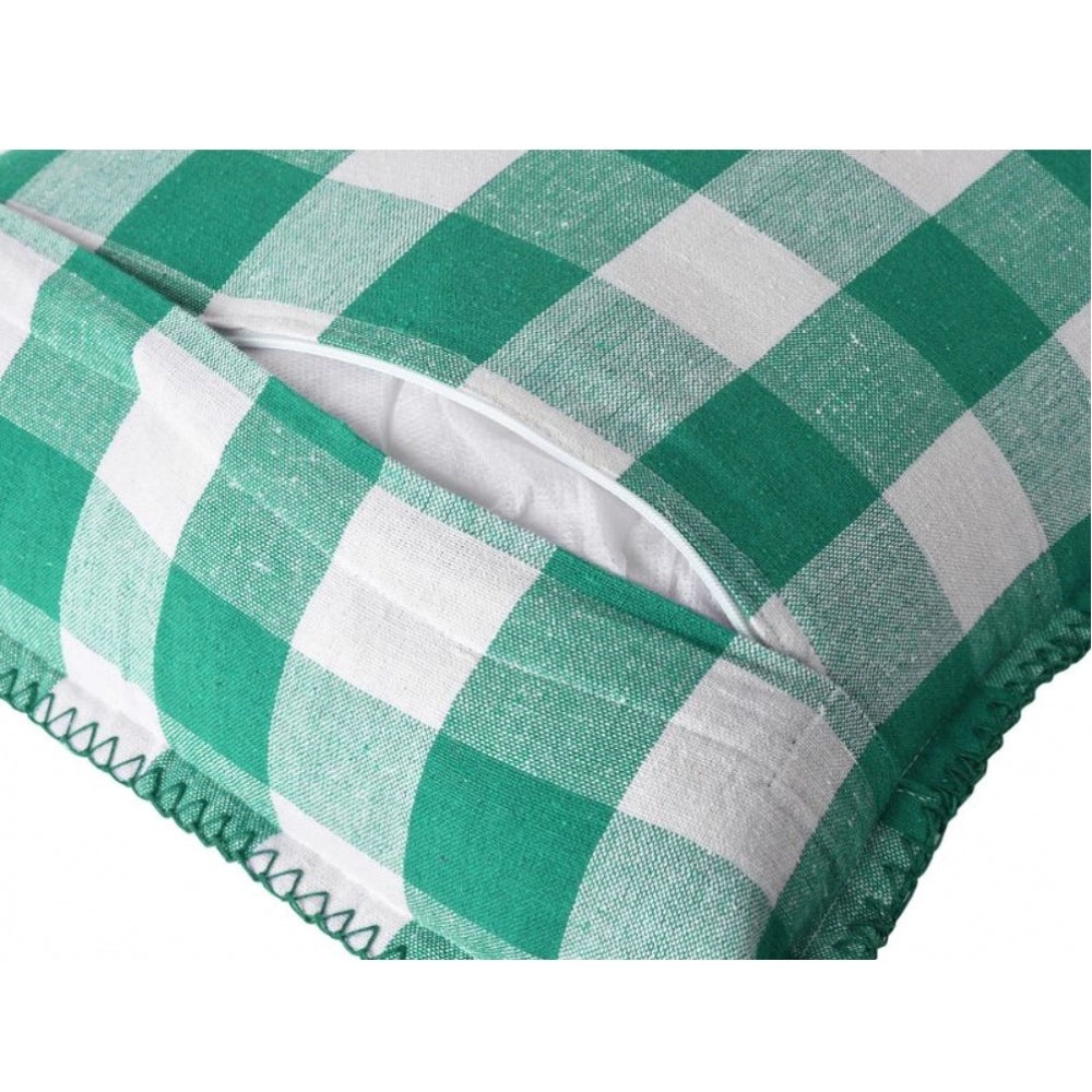 Amfyn Pack Of_2 Cotton Checkered Cushion Cover With Blanket Stitch (Green, Size: 12x20 In)