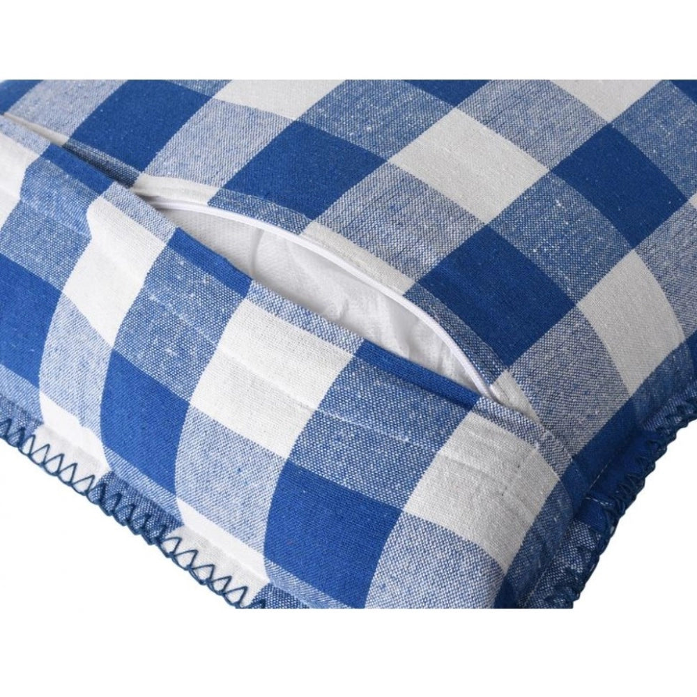 Amfyn Pack Of_2 Cotton Checkered Cushion Cover With Blanket Stitch (Blue, Size: 12x20 In)