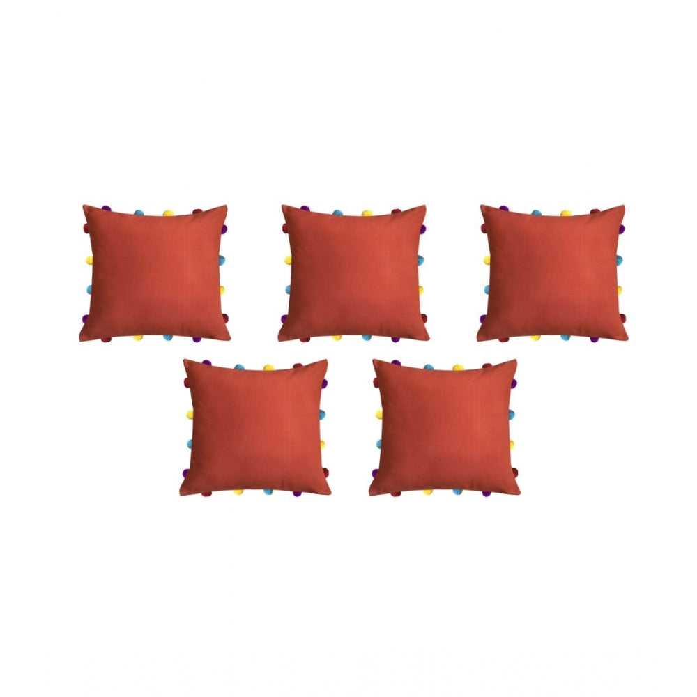 Amfyn Cotton Solid Pom Pom Cushion Covers (Orange, Size: 14x14 In)