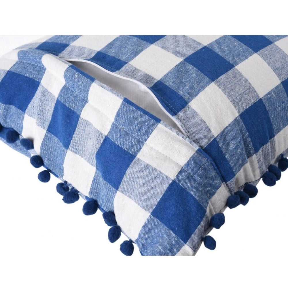 Amfyn Pack Of_2 Cotton Checkered Cushion Cover With Pom Pom (Blue, Size: 18x18 In)