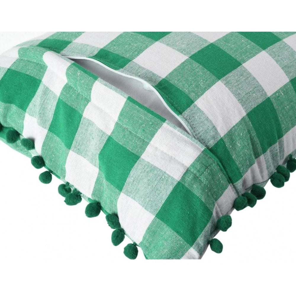 Amfyn Pack Of_2 Cotton Checkered Cushion Cover With Pom Pom (Green, Size: 18x18 In)
