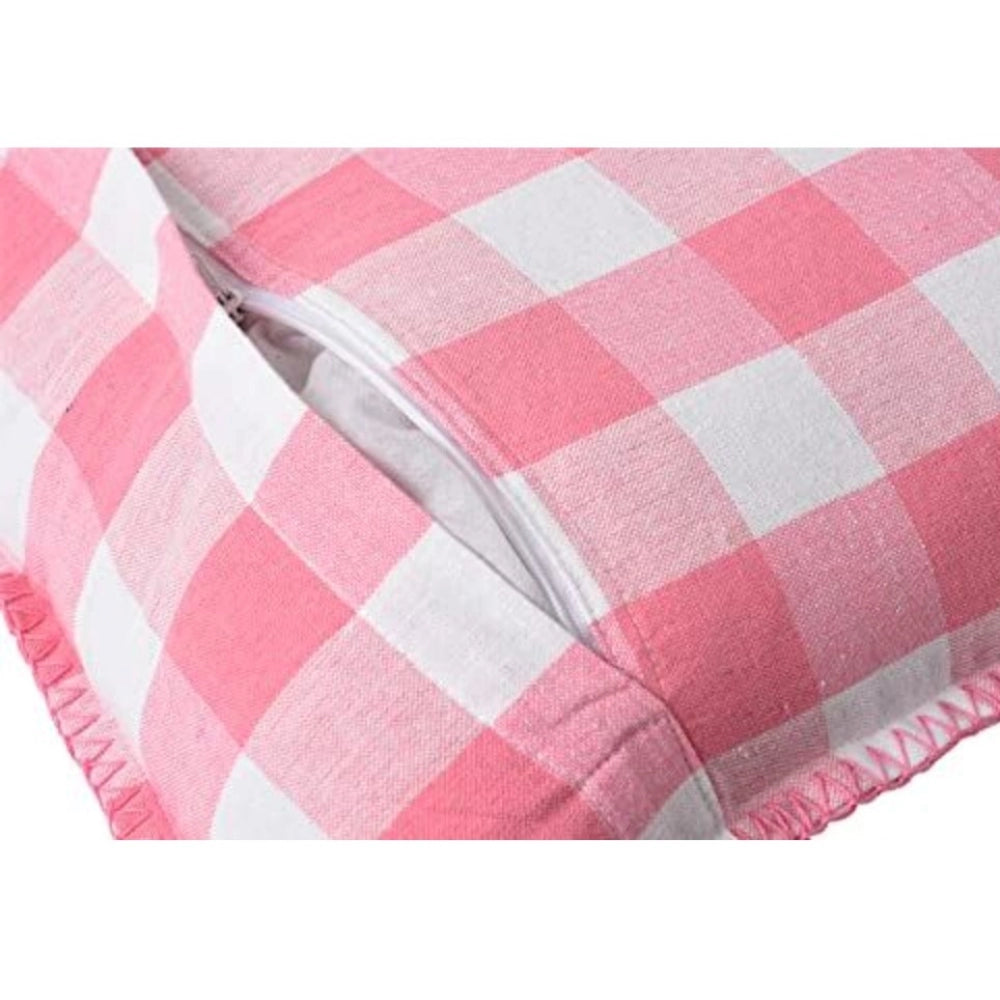 Amfyn Pack Of_2 Cotton Checkered Cushion Cover With Blanket Stitch (Baby Pink, Size: 16x16 In)