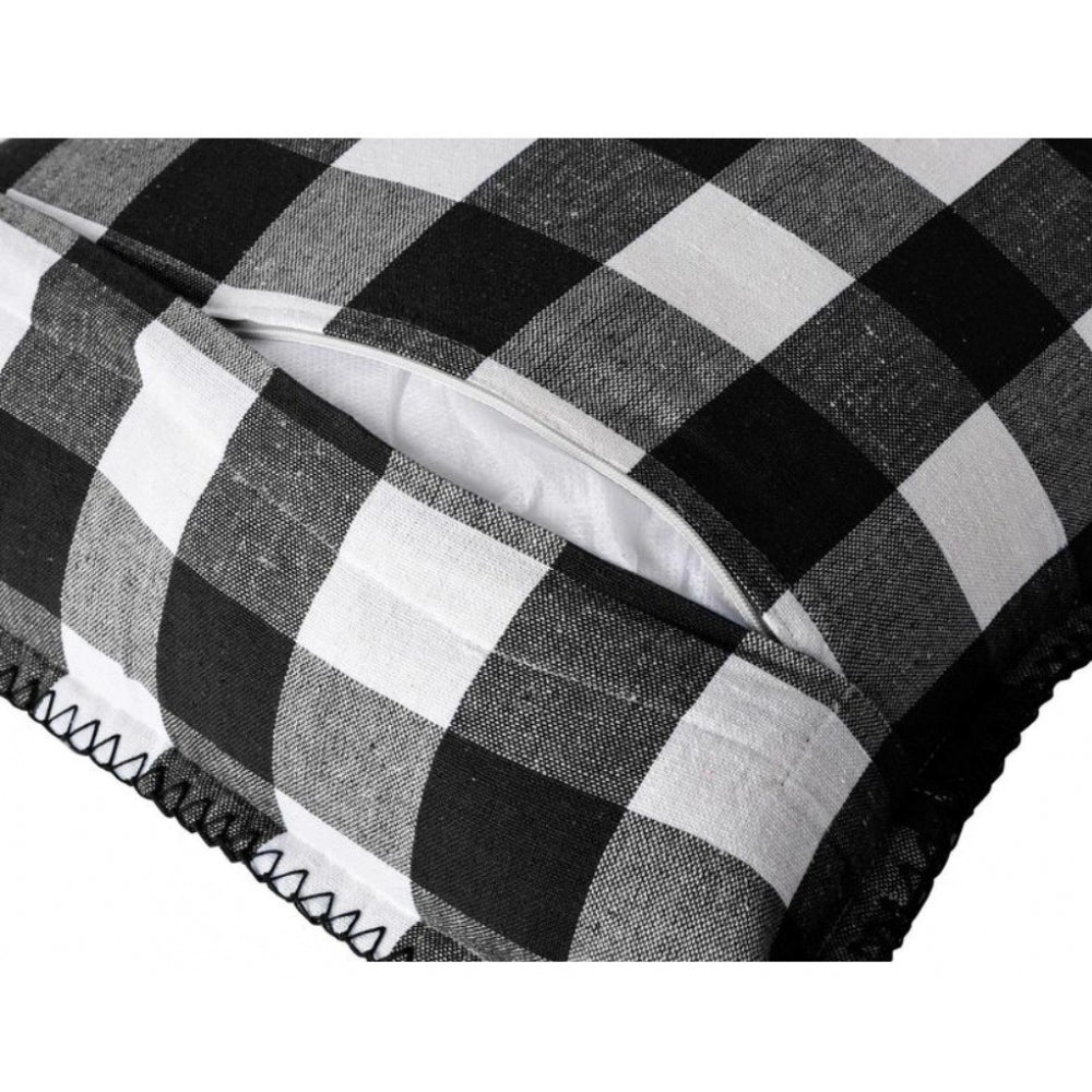 Amfyn Pack Of_2 Cotton Checkered Cushion Cover With Blanket Stitch (Black & White, Size: 18x18 In)