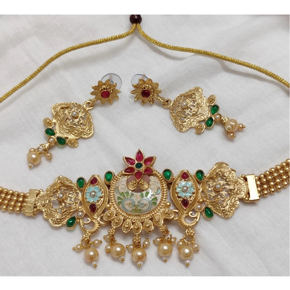 Amfyn Women's Gold Plated Meenakari Necklace And Earring Set (Multicolor)