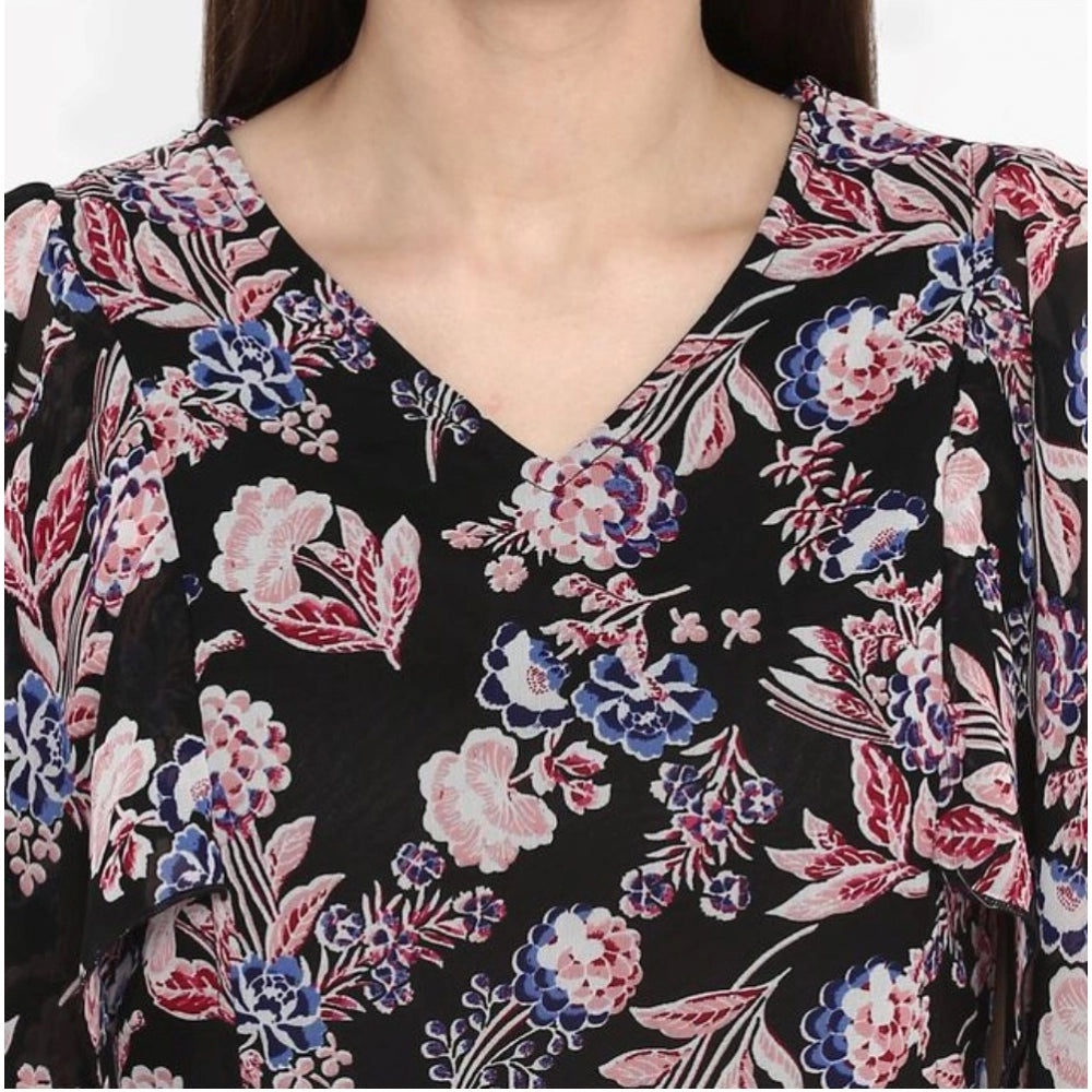 Amfyn Women's Polyester Floral Short Sleeve Knee-Length Dress (Black - Multicolor)