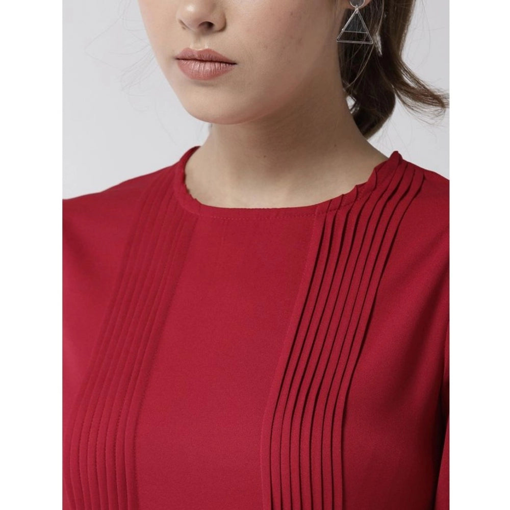 Amfyn Women's Polyester Pintuck Long Sleeves Below Knee Dress (Red)