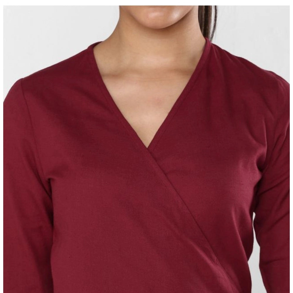 Amfyn Women's Cotton Solid 3-4th Sleeves Above Knee Dress (Maroon)