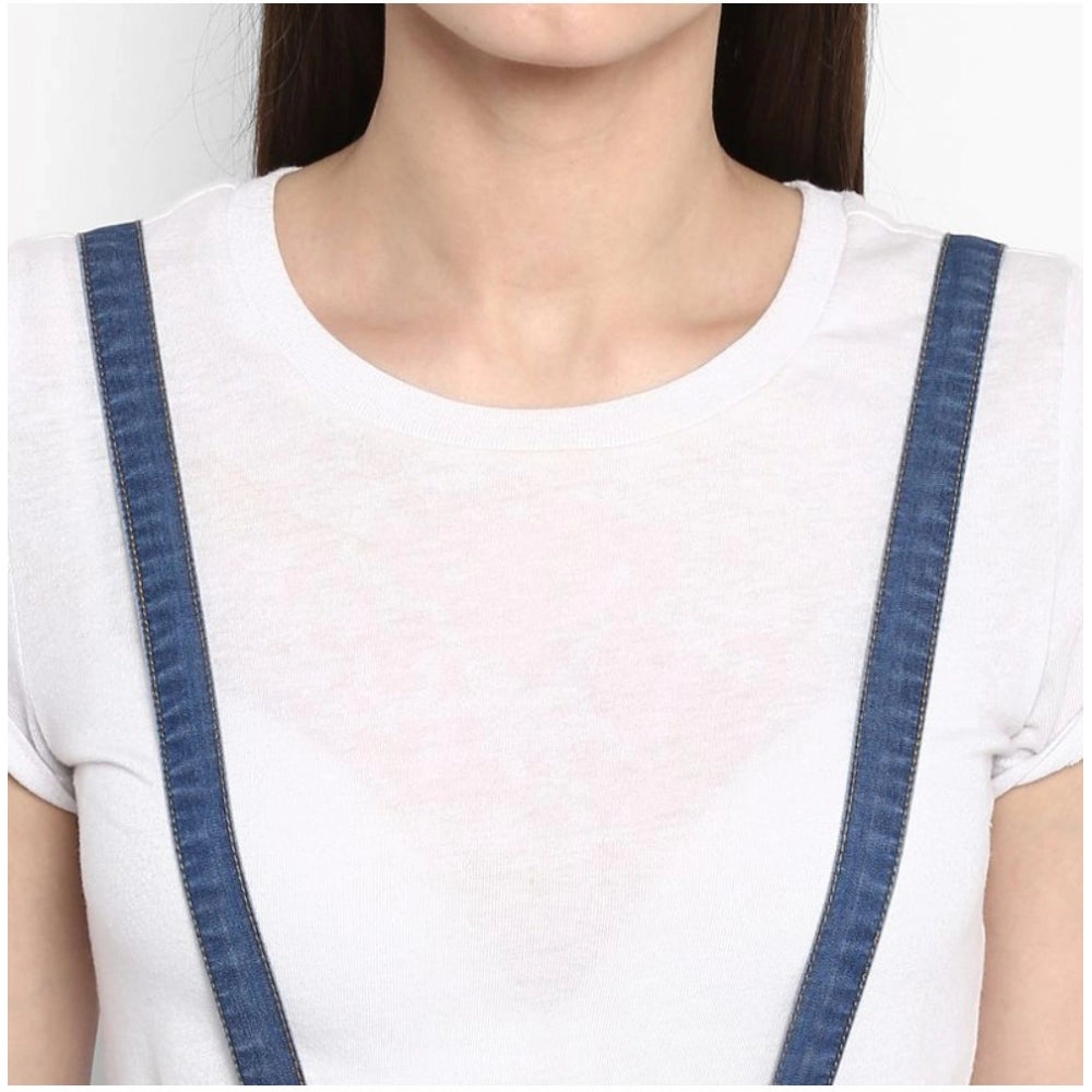 Amfyn Women's Denim Solid Shoulder Straps Below Knee Dress (Blue)