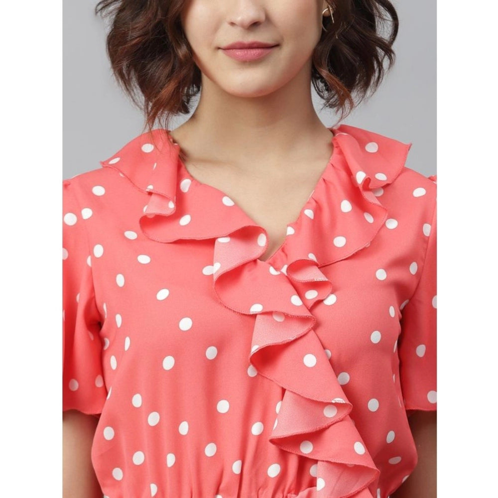 Amfyn Women's Polyester Polka Flutter Above Knee Dress (Coral)