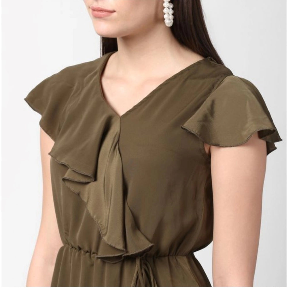 Amfyn Women's Polyester Ruffled Cap Sleeve Knee-Length Dress (Olive)